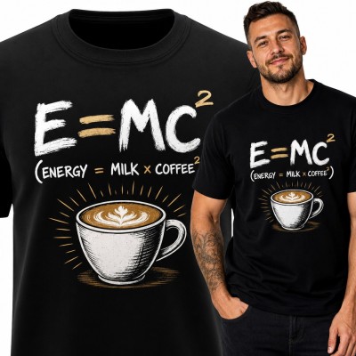 Koszulka męska kawa i cappuccino - „E=MC² (Energy = Milk × Coffee²)” dla kawosza