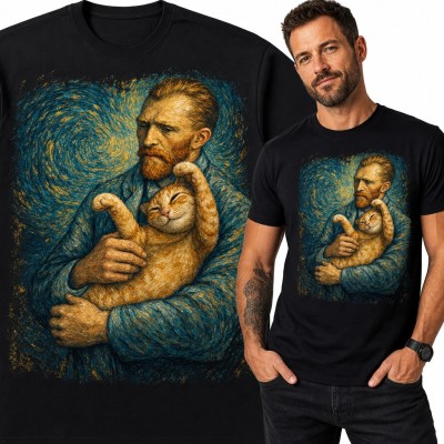 Koszulka męska Van Gogh z rudym kotem w stylu Gwiaździstej nocy