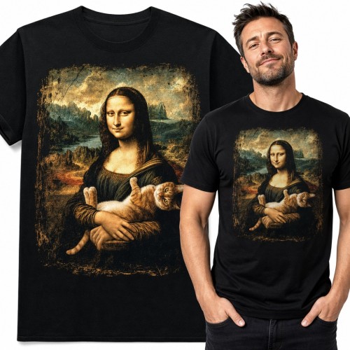 Koszulka męska Mona Lisa z rudym kotem na rękach - parodia obrazu