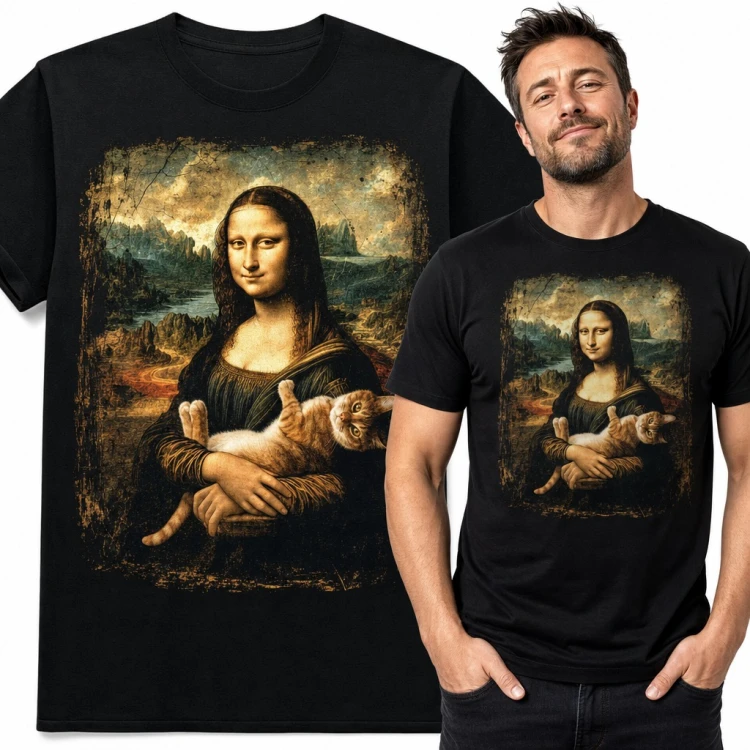 Koszulka męska Mona Lisa z rudym kotem na rękach - parodia obrazu