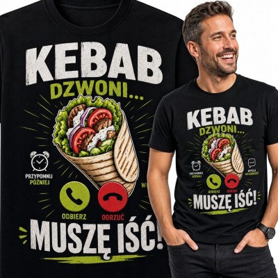 Koszulka męska z kebabem „Kebab dzwoni... muszę iść!” - śmieszny nadruk