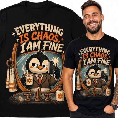 Koszulka męska z pingwinem w garniturze „Everything is chaos, I am fine”