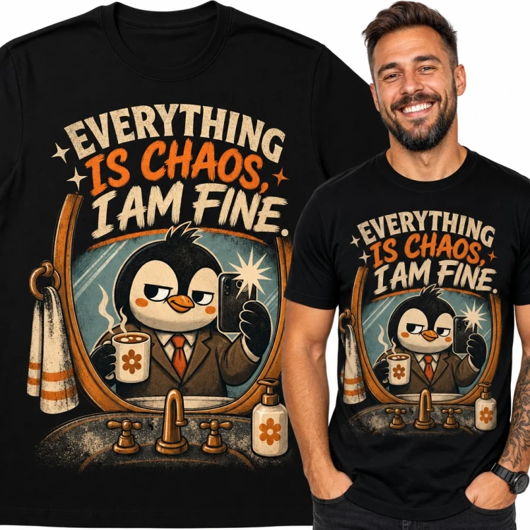 Koszulka męska z pingwinem w garniturze „Everything is chaos, I am fine”
