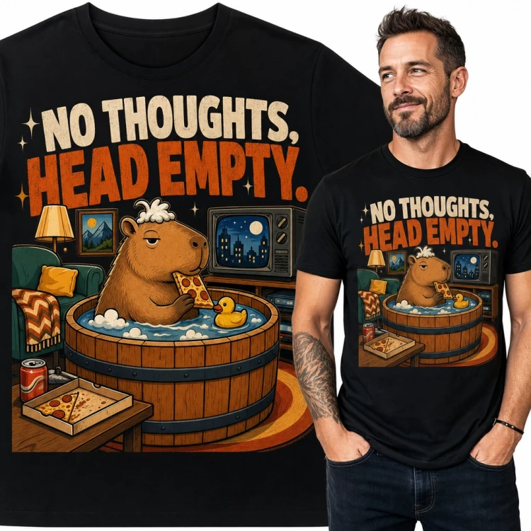 Koszulka męska z kapibarą w balii i pizzą - „No thoughts, head empty.”