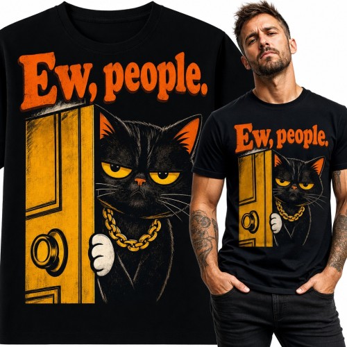 Koszulka męska z czarnym kotem za drzwiami „Ew, people.” dla introwertyka