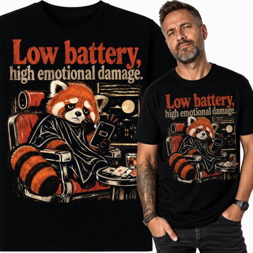 Koszulka męska z rudą pandą i telefonem - „Low battery, high emotional damage”