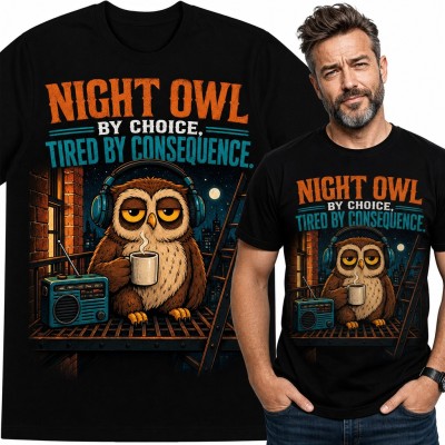 Koszulka męska z sową w słuchawkach i kawą „Night owl by choice, tired by consequence”
