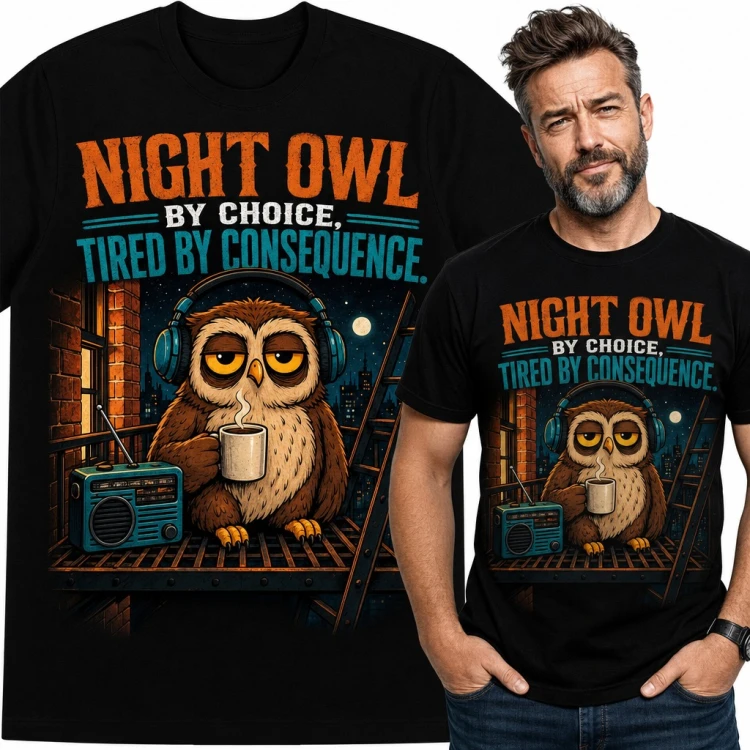 Koszulka męska z sową w słuchawkach i kawą „Night owl by choice, tired by consequence”