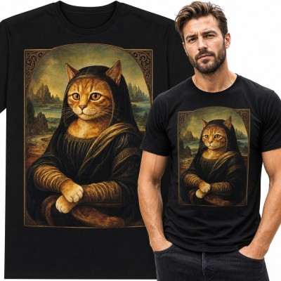 Koszulka męska z rudym kotem jako Mona Lisa - parodia obrazu da Vinci