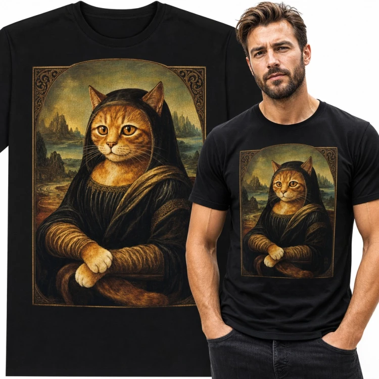 Koszulka męska z rudym kotem jako Mona Lisa - parodia obrazu da Vinci