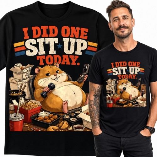 Koszulka męska „I did one sit up today” - gruby chomik z hantlem i fast foodem