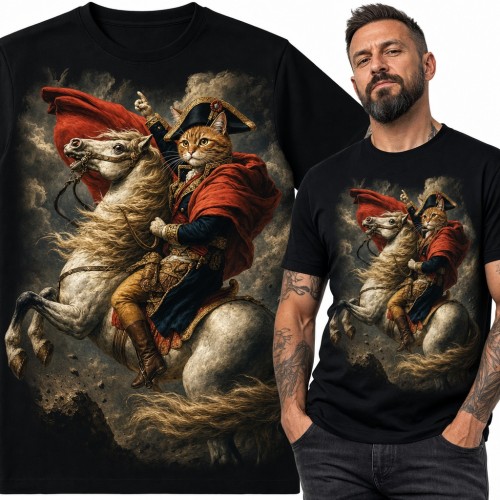 Koszulka męska kot Napoleon na koniu - parodia słynnego obrazu