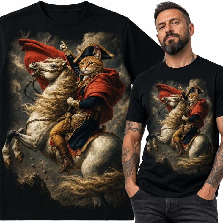 Koszulka męska kot Napoleon na koniu - parodia słynnego obrazu
