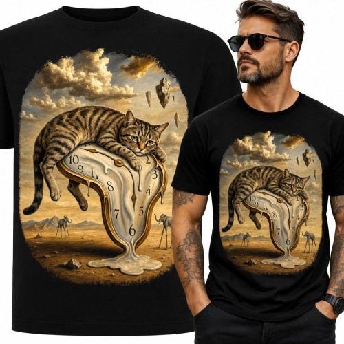 Koszulka męska z kotem na topniejącym zegarze - surrealizm w stylu Dalí
