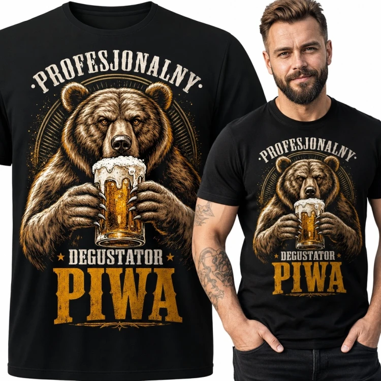 Koszulka męska z niedźwiedziem „Profesjonalny degustator piwa” - humorystyczny nadruk retro