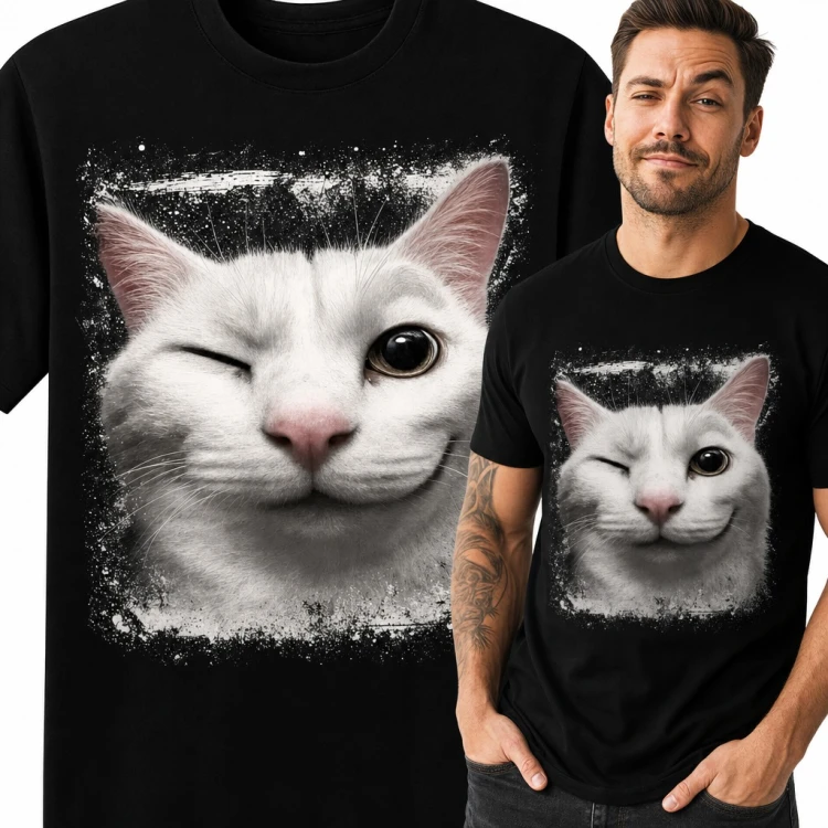 Koszulka męska z białym kotem puszczającym oczko