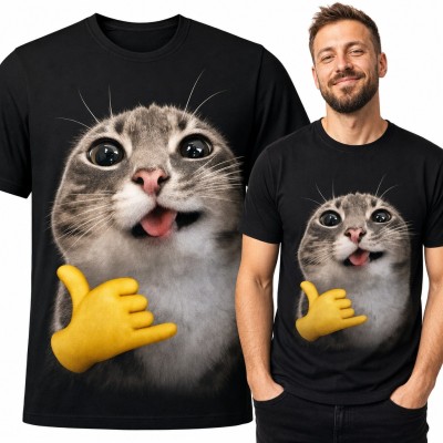 Koszulka męska z kotem memem i dłonią emoji shaka dla kociarza