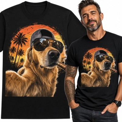 Koszulka męska z golden retrieverem w okularach i z cygarem na tle palm