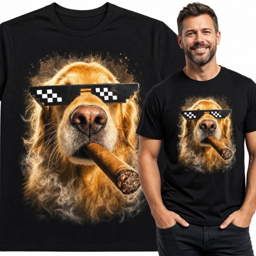 Koszulka męska golden retriever z cygarem w pikselowych okularach thug life