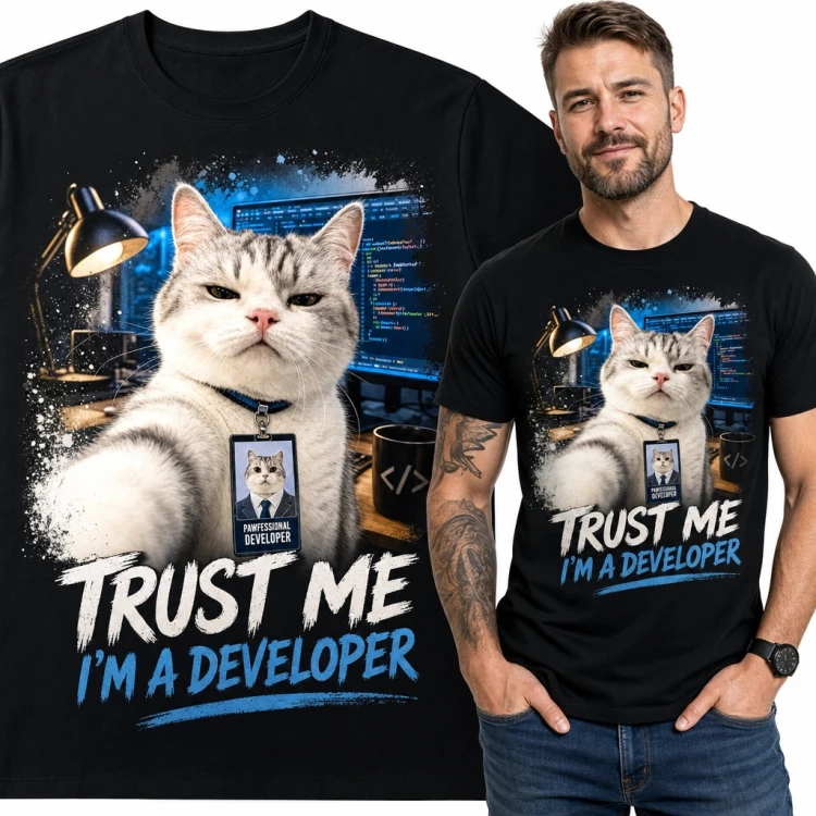 Koszulka męska kot programista z identyfikatorem - „Trust me I'm a developer”