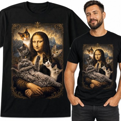 Koszulka męska Mona Lisa z kotami - parodia obrazu w złotej ramie