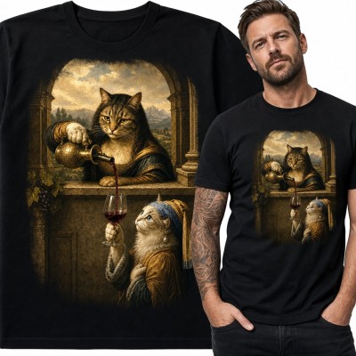 Koszulka męska z kotem Mona Lisa nalewającym wino kotu z perłą