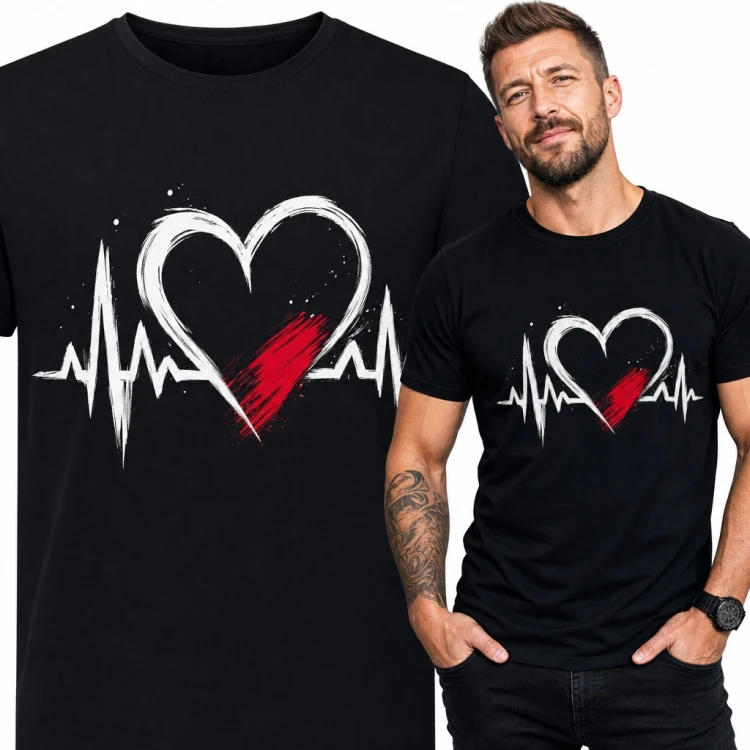 Koszulka męska z sercem i linią EKG - bicie serca w stylu pędzla