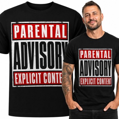 Koszulka męska „Parental Advisory Explicit Content” - etykieta z okładek płyt rap