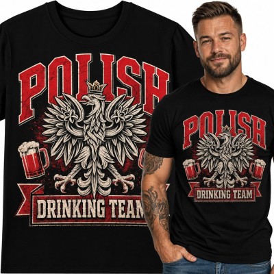 Koszulka męska „Polish Drinking Team” z orłem i kuflami piwa