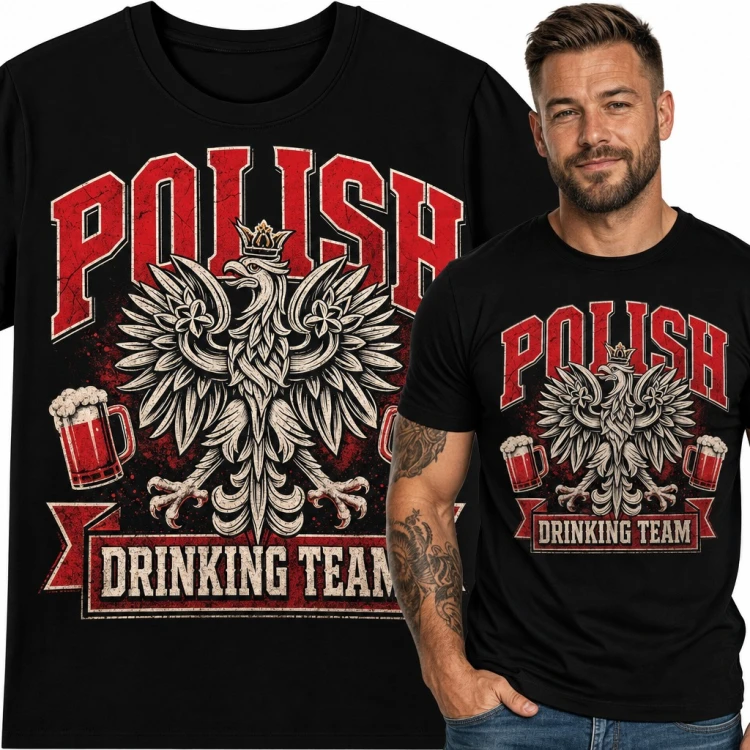 Koszulka męska „Polish Drinking Team” z orłem i kuflami piwa