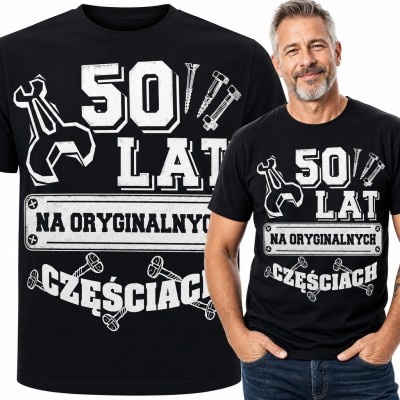 Koszulka męska na 50 urodziny „50 lat na oryginalnych częściach” z kluczem i śrubami