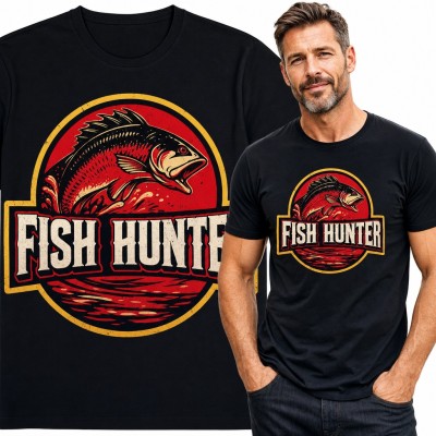 Koszulka męska „Fish Hunter” - wyskakująca ryba dla wędkarza