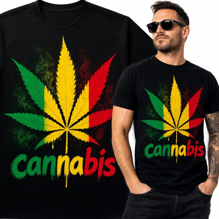 Koszulka męska „Cannabis” - liść konopi w barwach rasta