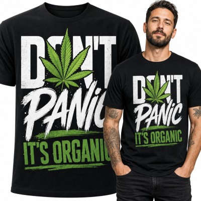 Koszulka męska „Don't panic it's organic” z liściem konopi