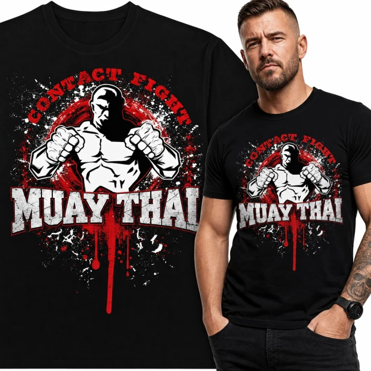 Koszulka męska „Muay Thai” - zawodnik w gardzie i napis Contact Fight