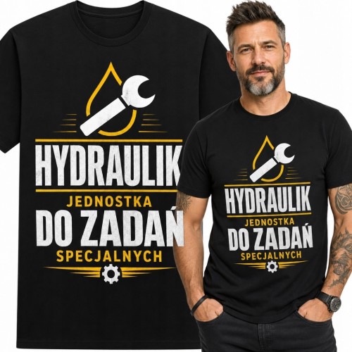Koszulka męska dla hydraulika „Hydraulik jednostka do zadań specjalnych” z kluczem w kropli