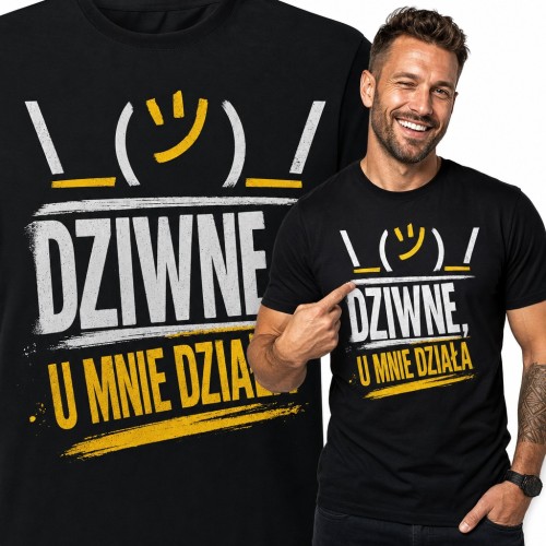 Koszulka męska „Dziwne, u mnie działa” - shrug dla programisty