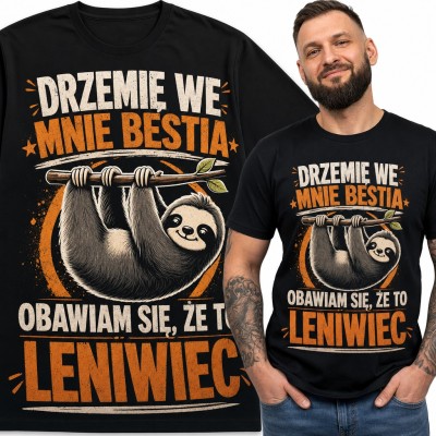 Koszulka męska z leniwcem na gałęzi „Drzemie we mnie bestia, obawiam się, że to leniwiec”