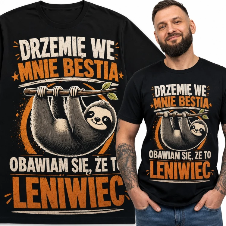 Koszulka męska z leniwcem na gałęzi „Drzemie we mnie bestia, obawiam się, że to leniwiec”