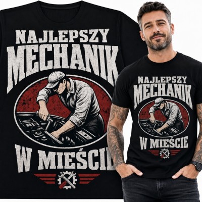 Koszulka męska „Najlepszy mechanik w mieście” - mechanik przy silniku