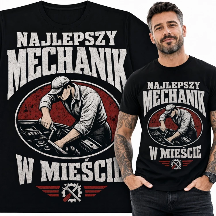 Koszulka męska „Najlepszy mechanik w mieście” - mechanik przy silniku