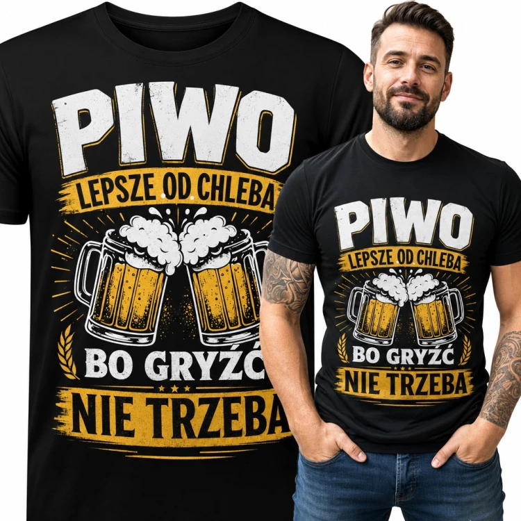 Koszulka męska z kuflami piwa - „Piwo lepsze od chleba bo gryźć nie trzeba”