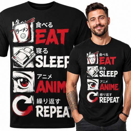 Koszulka męska anime „Eat Sleep Anime Repeat” z ramenem dla otaku