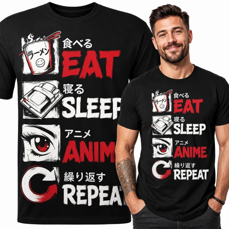 Koszulka męska anime „Eat Sleep Anime Repeat” z ramenem dla otaku