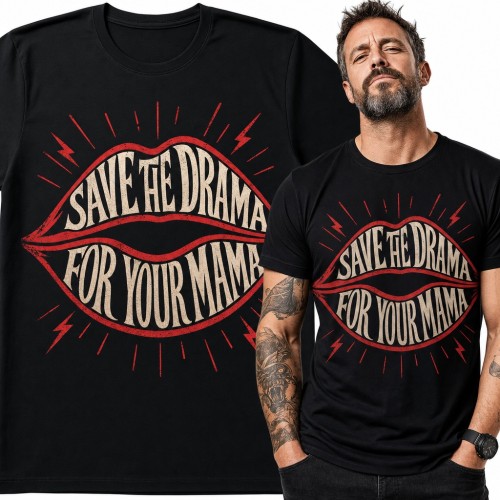Koszulka męska „Save the drama for your mama” - czerwone usta z błyskawicami