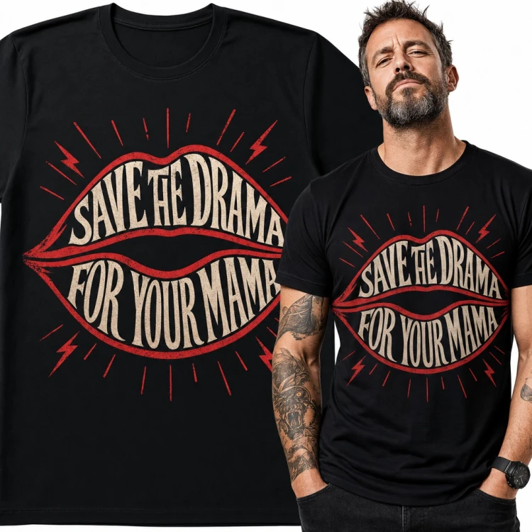 Koszulka męska „Save the drama for your mama” - czerwone usta z błyskawicami