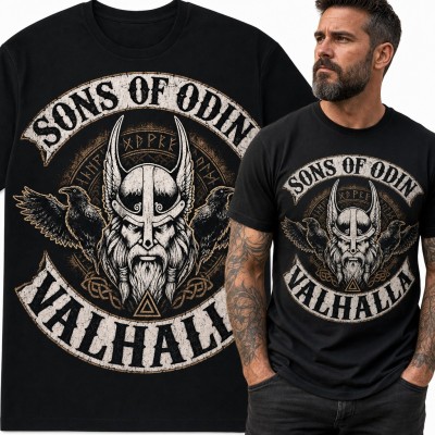 Koszulka męska „Sons of Odin Valhalla” - Odyn w hełmie z krukami dla fana wikingów