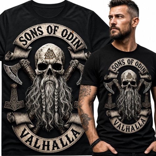 Koszulka męska „Sons of Odin Valhalla” - czaszka wikinga z brodą i toporami