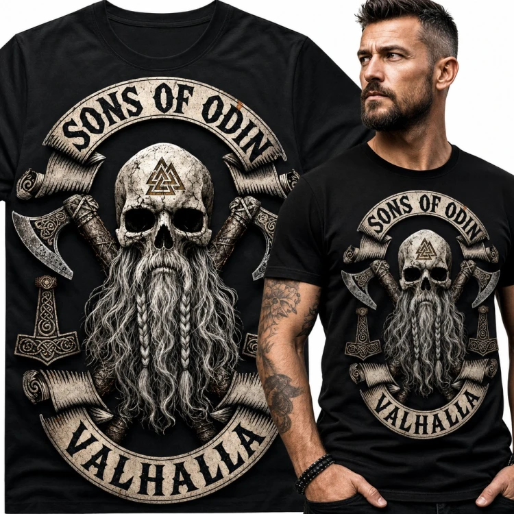 Koszulka męska „Sons of Odin Valhalla” - czaszka wikinga z brodą i toporami