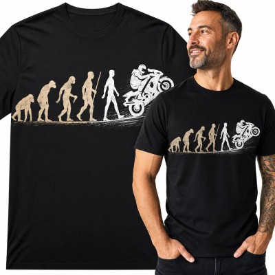 Koszulka męska ewolucja człowieka do motocyklisty na ścigaczu